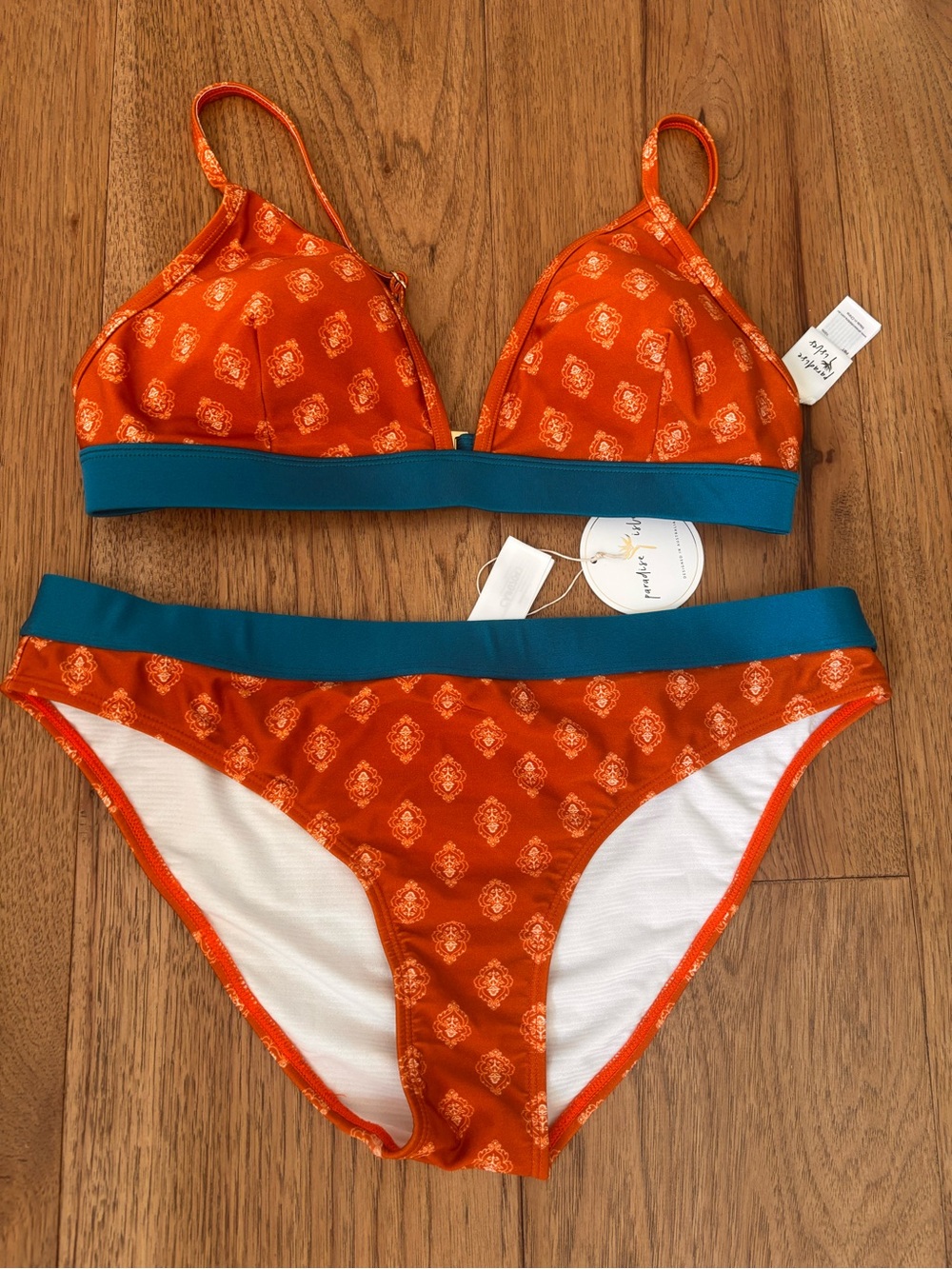 Orange Printed Bikini with Teal Band